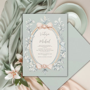 Invitation Vert sauge feuillage pêche cadre mariage vintage