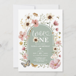 Invitation Vert sauge Fleur sauvage Première fête d'anniversa
