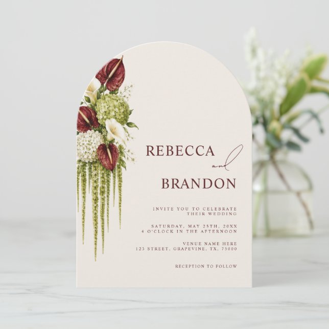 Invitation Vert sauge & Fleurs de mariage en code QR arqué (Debout devant)