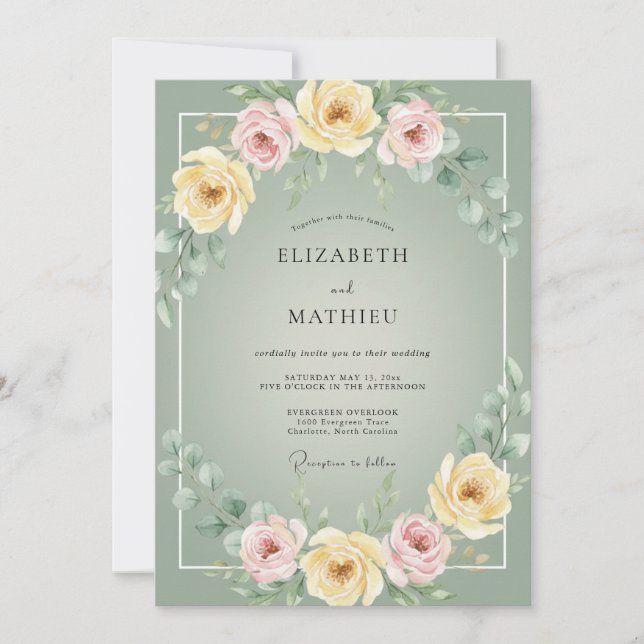 Invitation Vert sauge Fleurs douces Mariage fleuri (Devant)