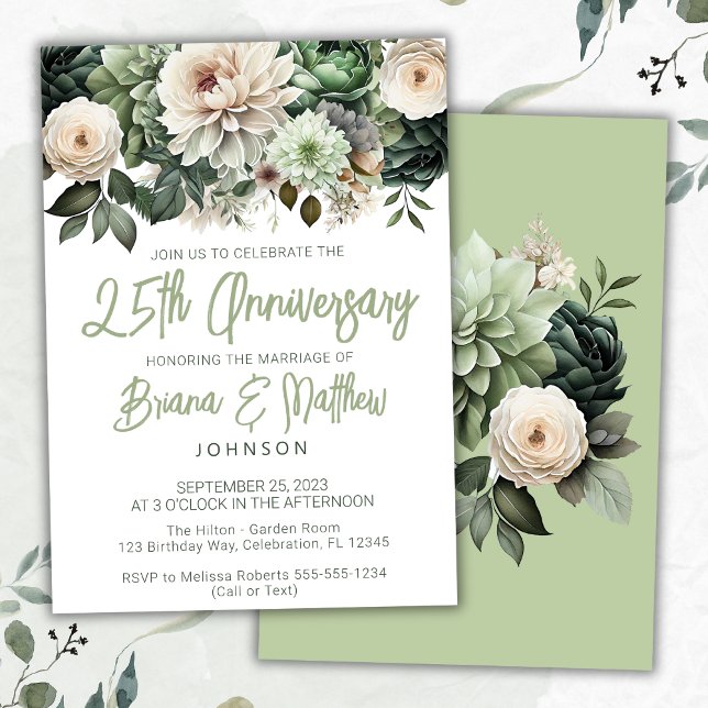 Invitation Vert sauge floral 25e anniversaire de mariage  (Créateur téléchargé)