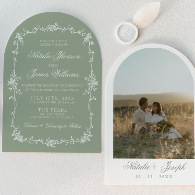 Invitation Vert sauge floral boho botanique mariage arqué (Créateur téléchargé)