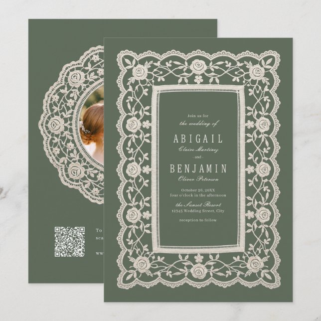 Invitation Vert sauge floral dentelle classique mariage vinta (Devant / Derrière)