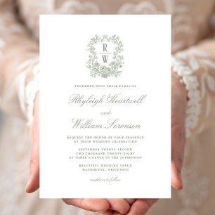 Invitation Vert sauge floral français monogramme blason maria