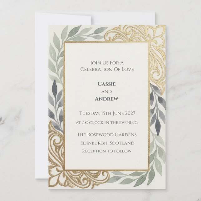 Invitation Vert sauge floral mariage défilement doré (Devant)