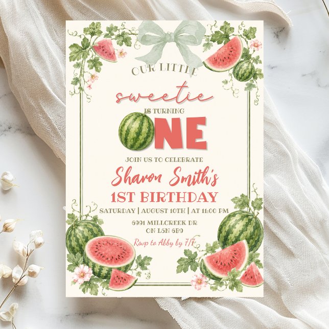 Invitation Vert sauge floral Pastèque Premier Anniversaire (Créateur téléchargé)