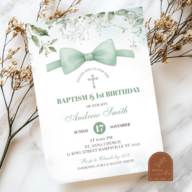 Invitation Vert sauge garçon baptême et premier anniversaire (Créateur téléchargé)