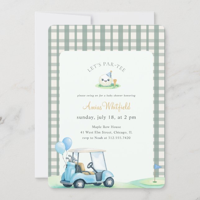 Invitation Vert Sauge Gingham Baby Shower de Golf (Devant)