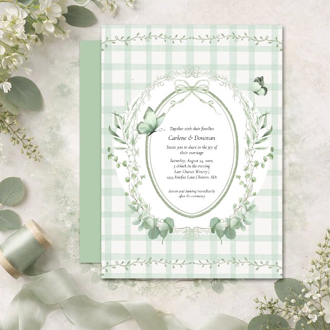 Invitation Vert sauge Gingham Botanique Mariage | (Créateur téléchargé)