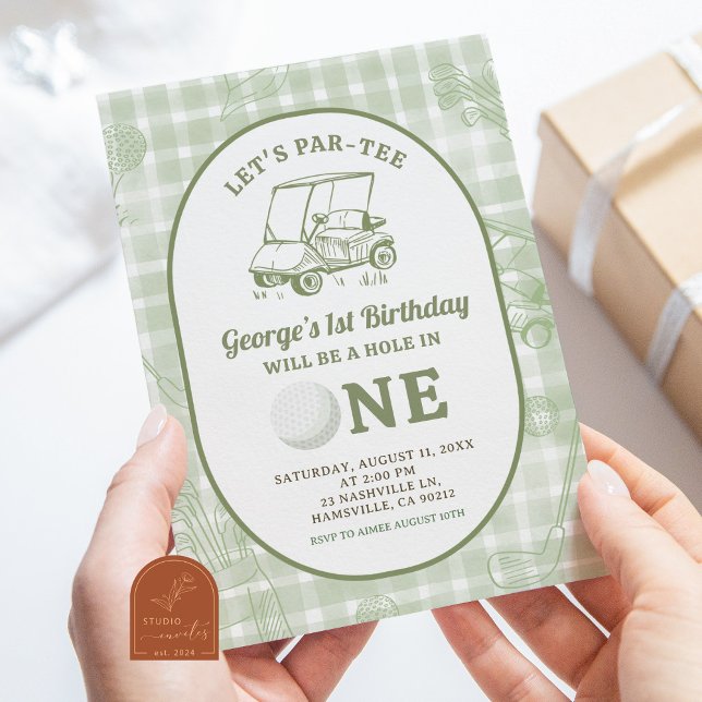 Invitation Vert sauge Gingham drôle Golf Premier Anniversaire (Créateur téléchargé)