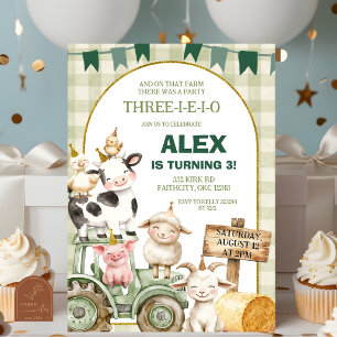 Invitation Vert sauge Gingham Ferme Animal Garçon 3ème Annive