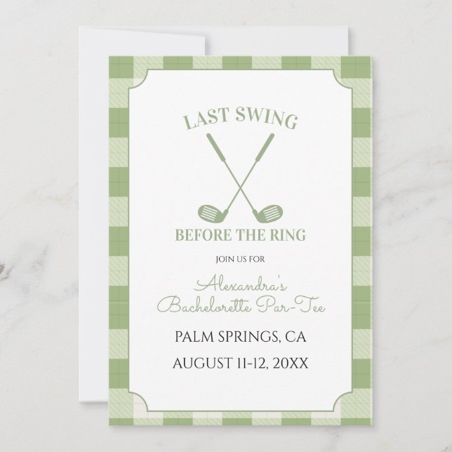 Invitation Vert Sauge Gingham Golf Enterrement de Vie de Jeun (Devant)