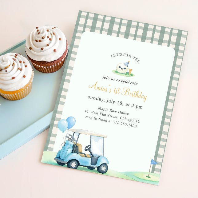 Invitation Vert Sauge Gingham Golf Premier Anniversaire (Créateur téléchargé)
