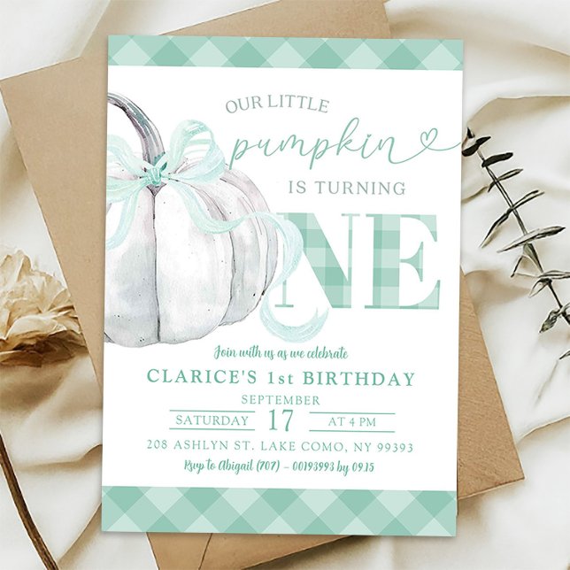 Invitation Vert sauge Gingham Prépa Pumpkin 1er Anniversaire (Créateur téléchargé)
