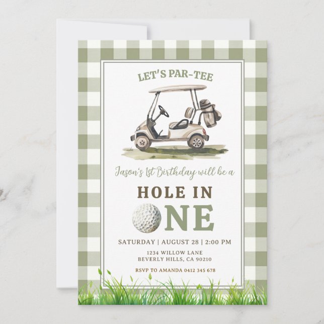 Invitation Vert sauge Gingham Troue en Un Golf Garçon Anniver (Devant)