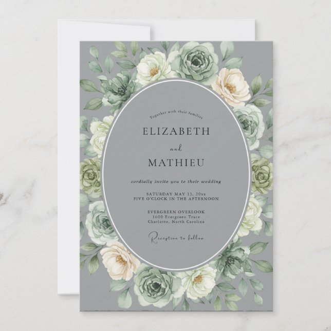 Invitation Vert sauge gris botanique mariage en forêt (Devant)