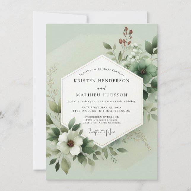 Invitation Vert sauge luxuriant mariage botanique (Devant)