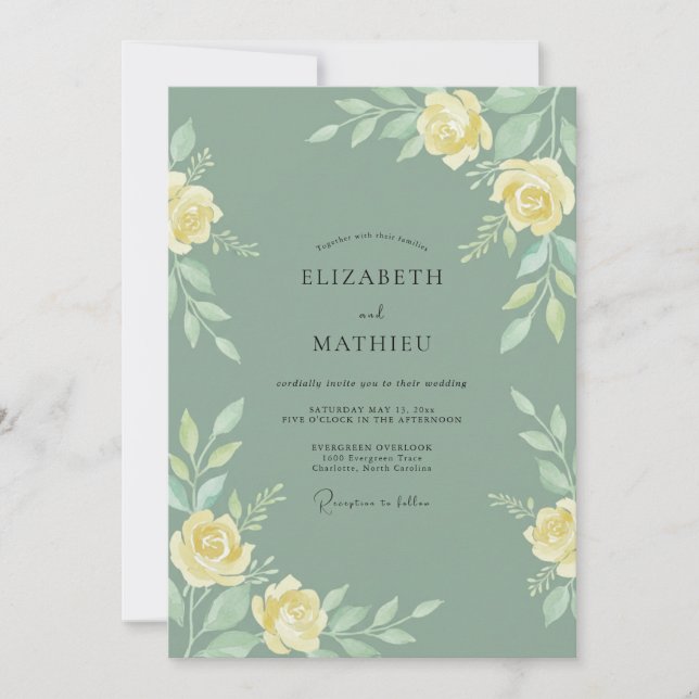 Invitation Vert sauge mariage aquarelle serein (Devant)