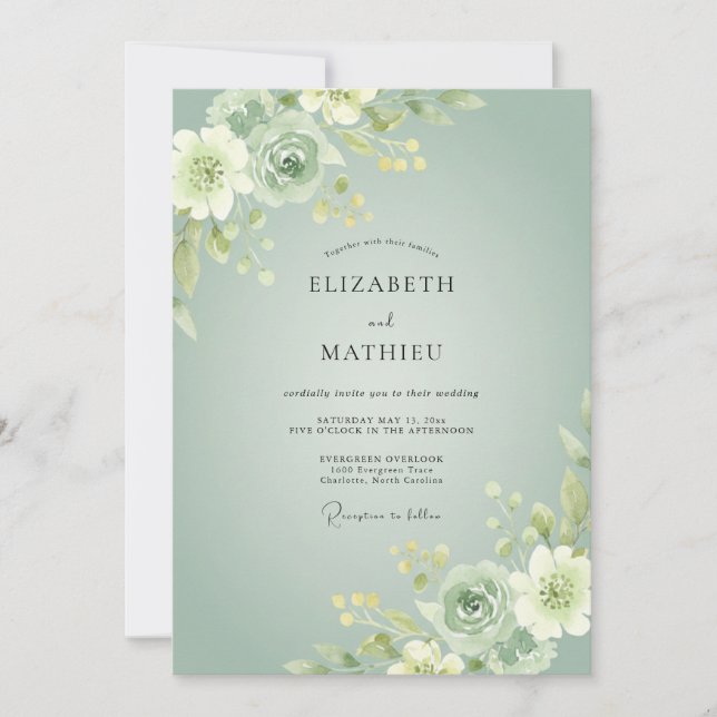 Invitation Vert sauge mariage botanique peint (Devant)