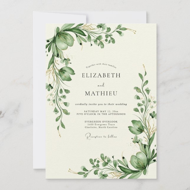Invitation Vert sauge Mariage botanique sophistiqué (Devant)