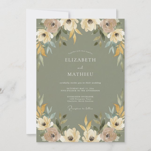 Invitation Vert sauge Mariage Champêtre Assourdi (Devant)