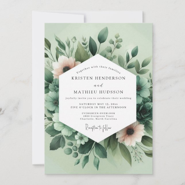 Invitation Vert sauge mariage flore peintre (Devant)