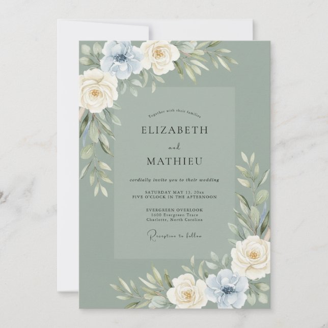 Invitation Vert sauge mariage serein feuillage (Devant)