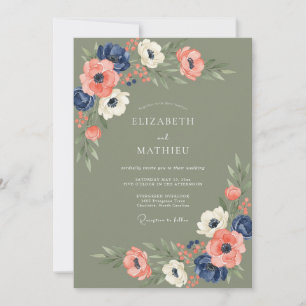 Invitation Vert sauge marine Anémone Élégant Mariage