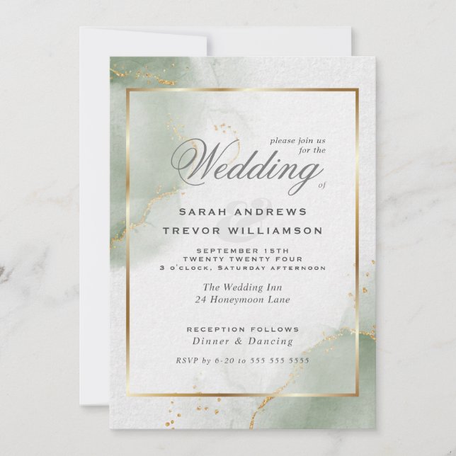 Invitation Vert sauge mat or de mariage  (Devant)