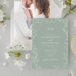 Invitation Vert sauge minimaliste photo monogramme de mariage