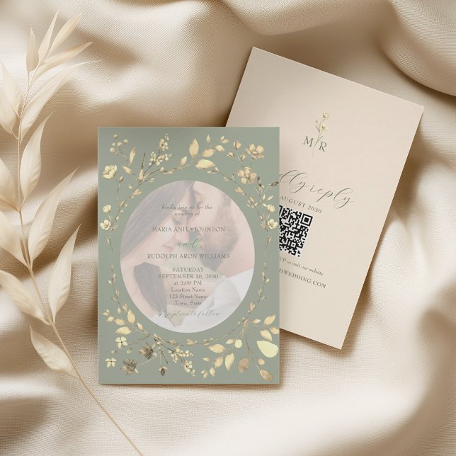 Invitation Vert Sauge Or Fleurs Photo Mariage (Créateur téléchargé)