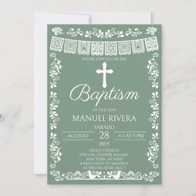 Invitation Vert sauge Papel Picado Baptême (Devant)