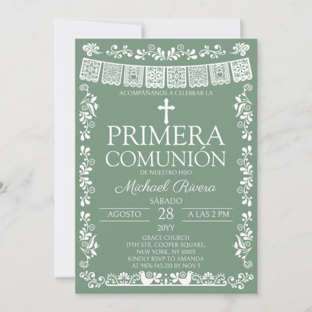 Invitation Vert sauge Papel Picado Première Communion (Devant)