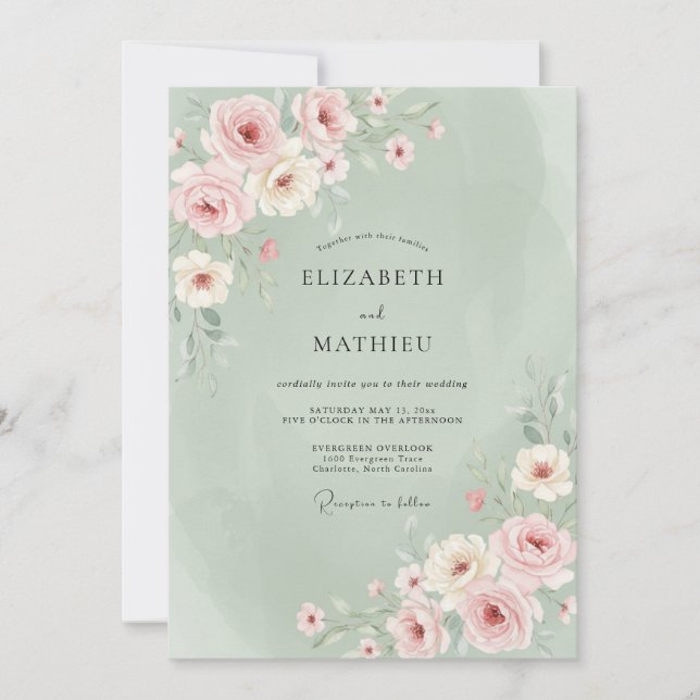 Invitation Vert sauge pastel floraison mariage printanier (Devant)