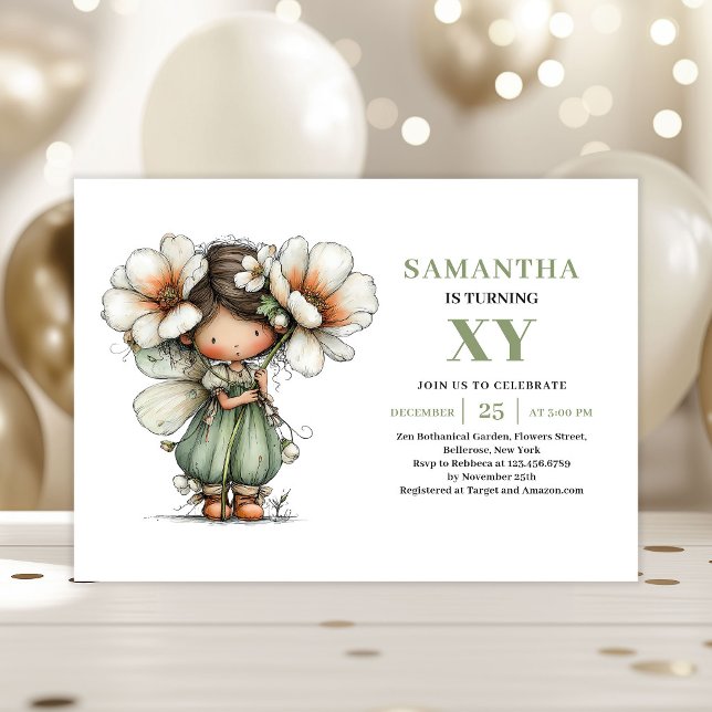 Invitation Vert Sauge pour les 2 ans de Jolie Fée  (Cute Fairy Girl 2nd Birthday Sage Green Invitation)