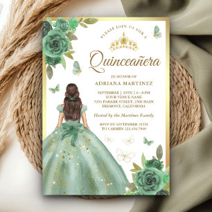Invitation Vert sauge poussiéreux floral papillon Quinceanera