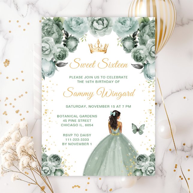 Invitation Vert Sauge Princesse à Peau Mate Douze Ans (Créateur téléchargé)