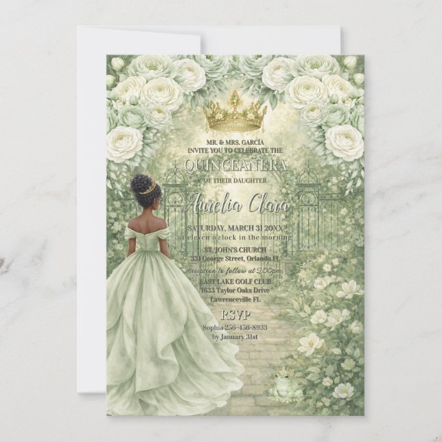 Invitation Vert sauge Princesse & Grenouille Conte de Fées Qu (Devant)