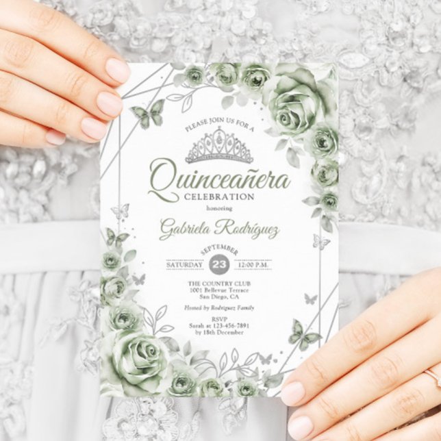 Invitation Vert sauge Quinceanera Floral (Créateur téléchargé)