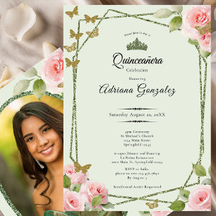 Invitation Vert sauge Quinceanera Roses roses papillon en or