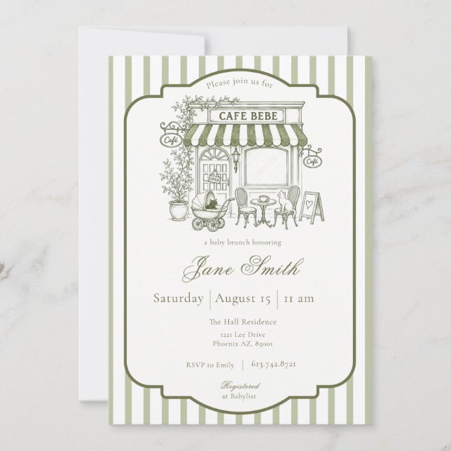 Invitation Vert sauge rayé Café Bébé Baby Shower (Devant)