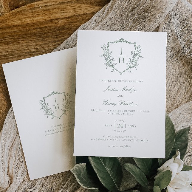 Invitation Vert sauge Régence floral blason monogramme de mar (Créateur téléchargé)