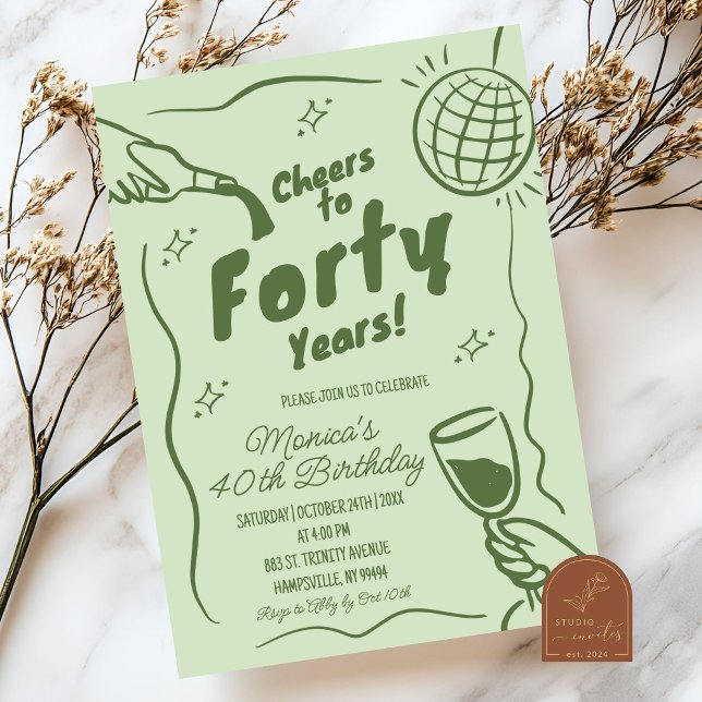Invitation Vert sauge Rétro Disco Félicitations 40e Anniversa (Créateur téléchargé)