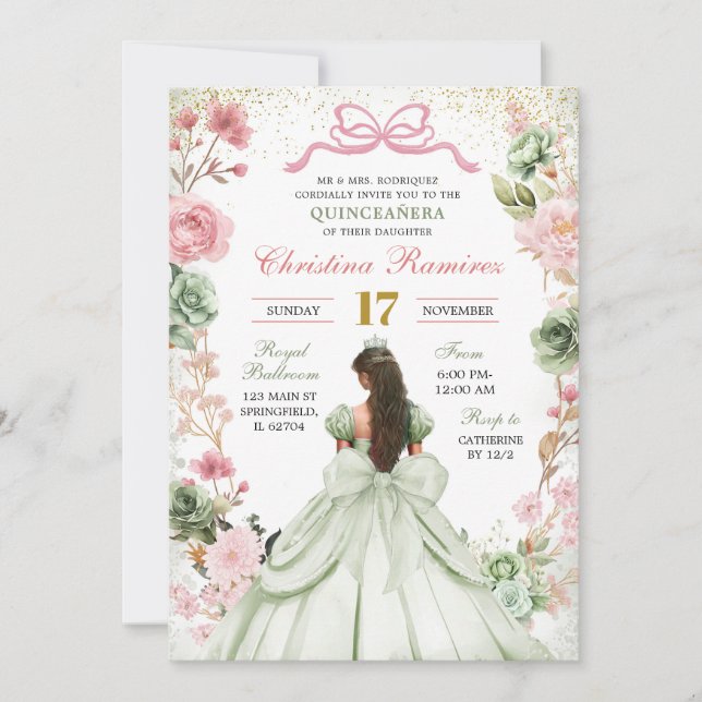 Invitation Vert sauge rose coquette noeud papillon princesse  (Devant)