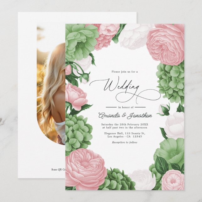 Invitation Vert sauge, rose et floral mariage blanc (Devant / Derrière)