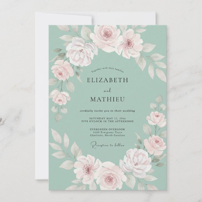 Invitation Vert sauge Rose tendre Mariage botanique (Devant)