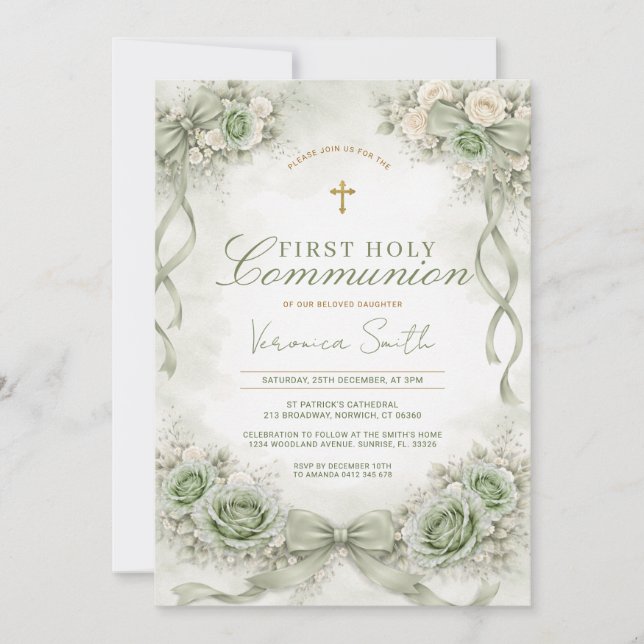 Invitation Vert sauge ruban floral Première Sainte Communion (Devant)