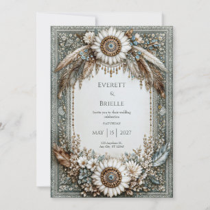 Invitation Vert Sauge Rustique Blanc Tournesol Plume Mariage