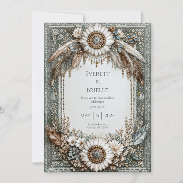 Invitation Vert Sauge Rustique Blanc Tournesol Plume Mariage (Devant)