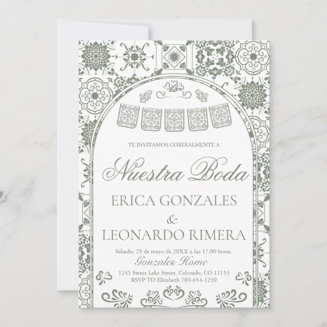 Invitation Vert Sauge Talavera Papel Picado Mariage Espagnol (Devant)